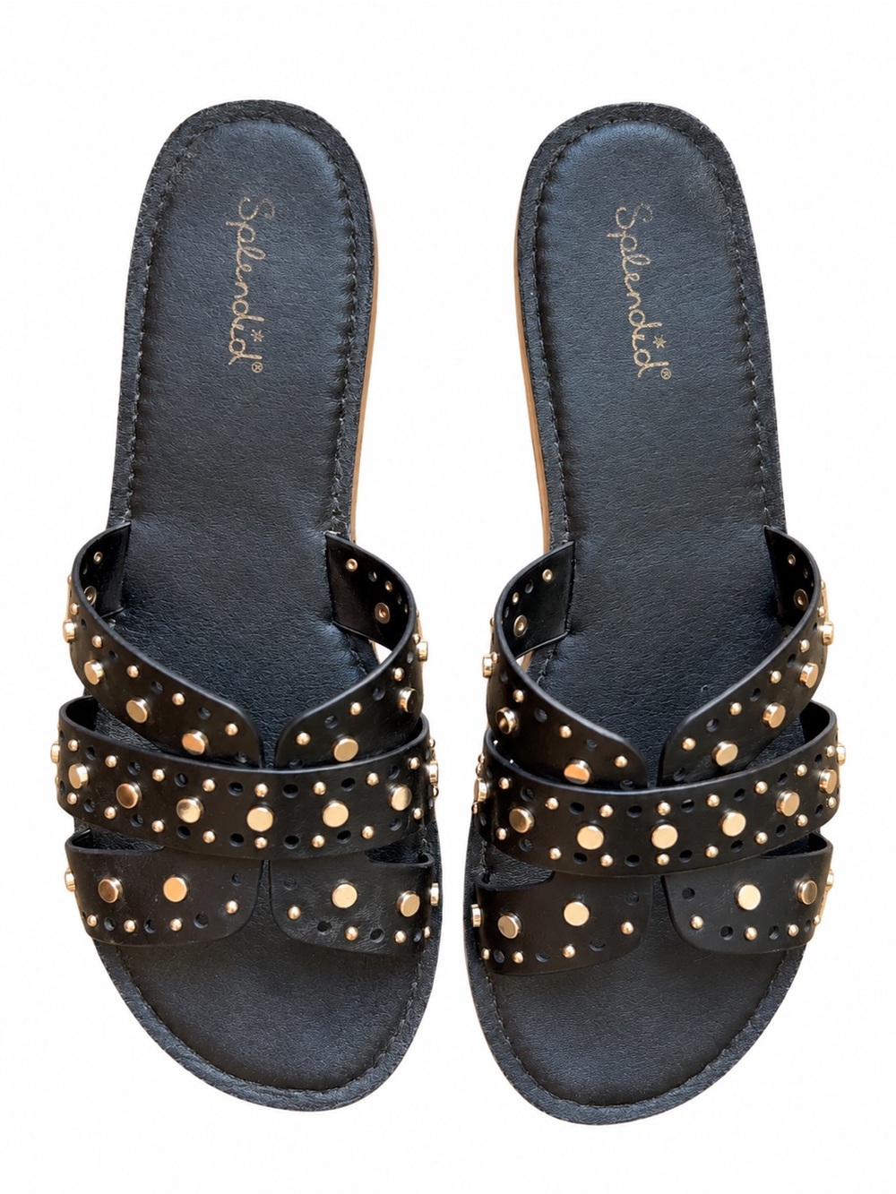 Splendid Black Slide Sandals with Gold Studs
